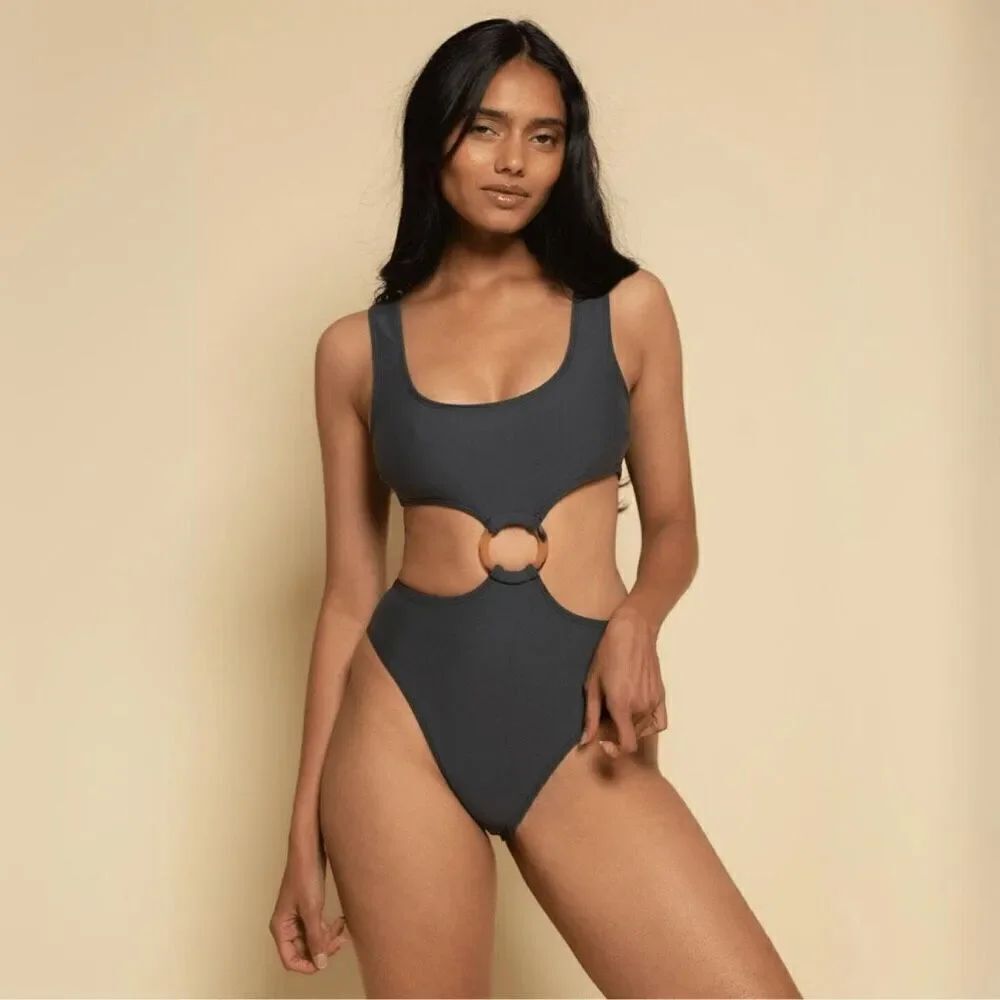 Montce Women's Charcoal Ky Rib Cutout One Piece Swimsuit Large NWOT